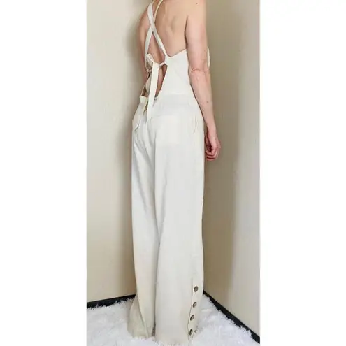 Jonathan Simkhai Ivory Cream Wide Leg Open Back Button Detail Linen Jumpsuit