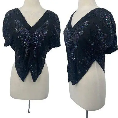 Vintage 80s Silk Beaded Sequined Butterfly Top V Neck Pullover Cropped Black M Size M