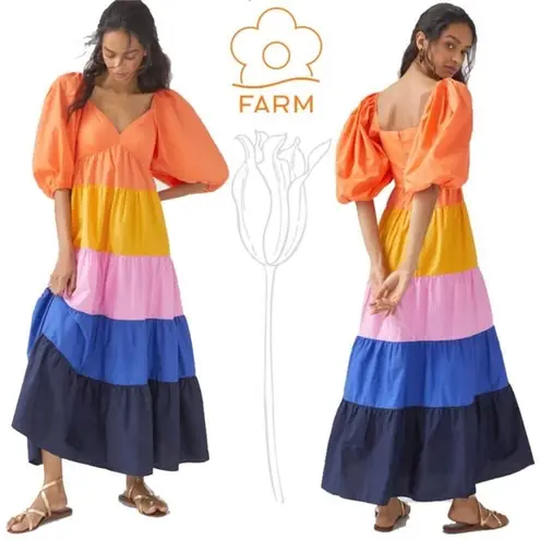 Farm Rio for Anthropologie Tiered Colorblocked Maxi Dress Small