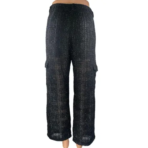 Religion Black Metallic Tweed Knit Straight High Waist Cargo Trousers Pants Sz M