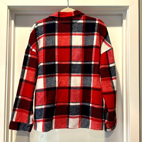 Shacket Flannel Red, White and Blue Plaid Size L Boyfriend, Western Rodeo Slouch Red Size L
