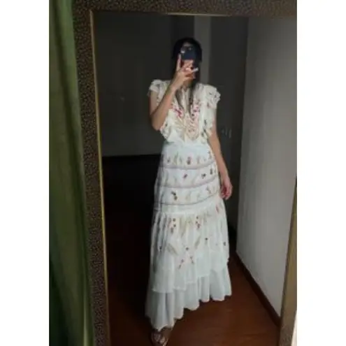 NWT Aratta Silent Journey White Embroidered Flower Chiffon Maxi Dress XS A