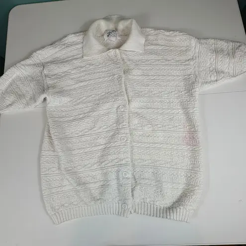 Vintage Viana Knit Collar Button Down Sweater Textured White Made in USA L Size L