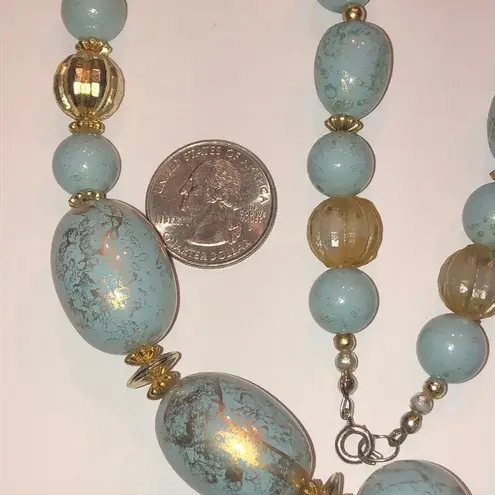 Vintage Chunky Light Blue Gold Tone Beaded Necklace Earrings Set