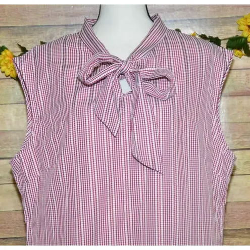 Retrolicious Womens 1X Red & White Gingham Stripe Sleeveless Blouse Top Bow Neck