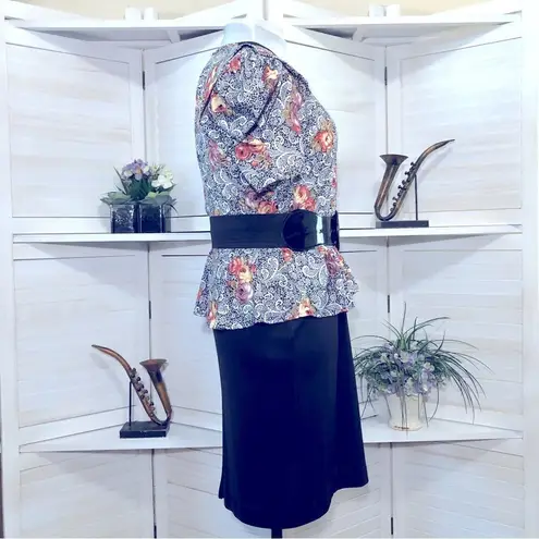 Vintage 80s 90s Floral Paisley Black Pencil Midi Dress Size 12 Petite