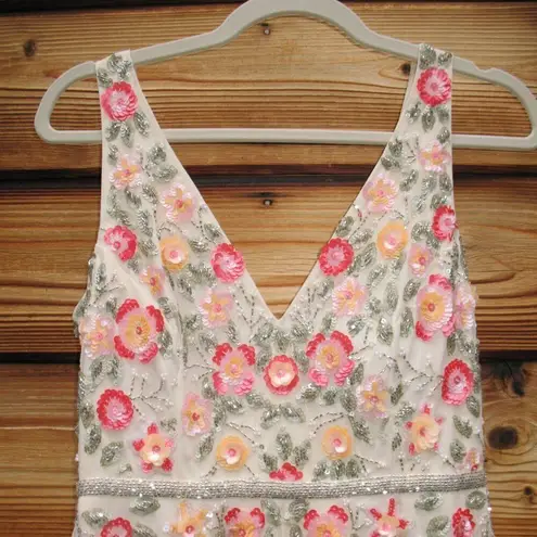 Mac Duggal 5527 Cream V-Neck Sleeveless Midi Floral Beaded A-line Dress $598