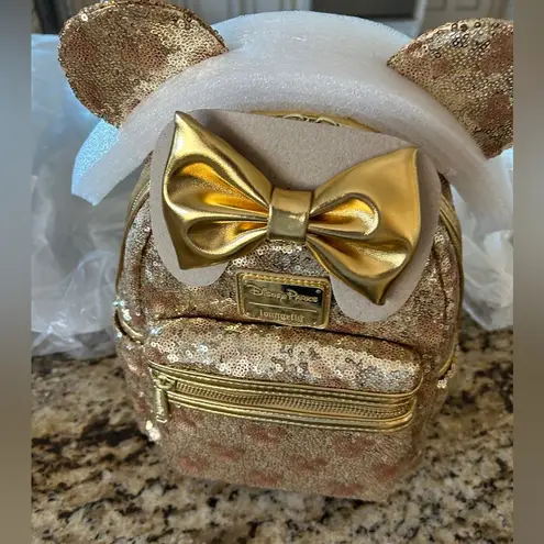 Disney Loungefly Collectible Gold Sparkles With Minnie Ears & Gold Bow&Hardware