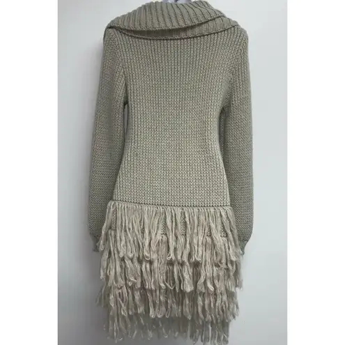 Sisley Womens Long Sweater Coat Size S Beige Button Front Boho Fringe Italy