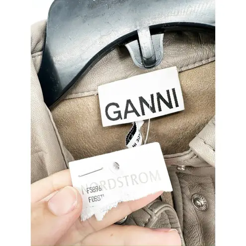 Ganni Fossil Brown Leather Snap Front Shirt Size 34 NWT