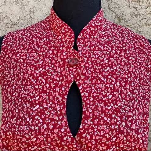 Vintage 90’s Cottagecore Mandarin Collar Red Floral Sleeveless Dress Size 12