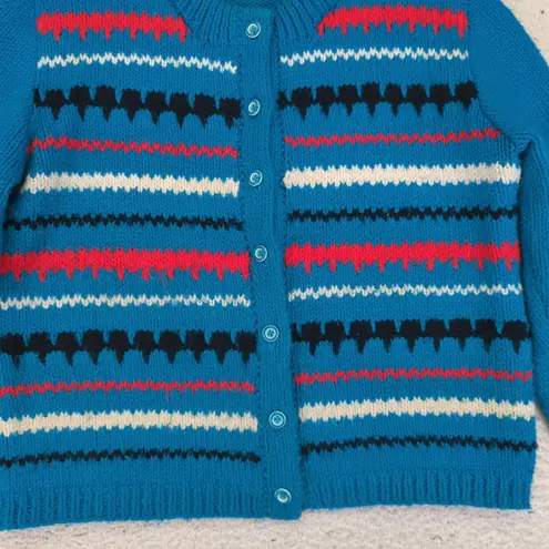 Vintage Womens Knit Cardigan Striped Teal Blue Sweater Button Front Jacket Large