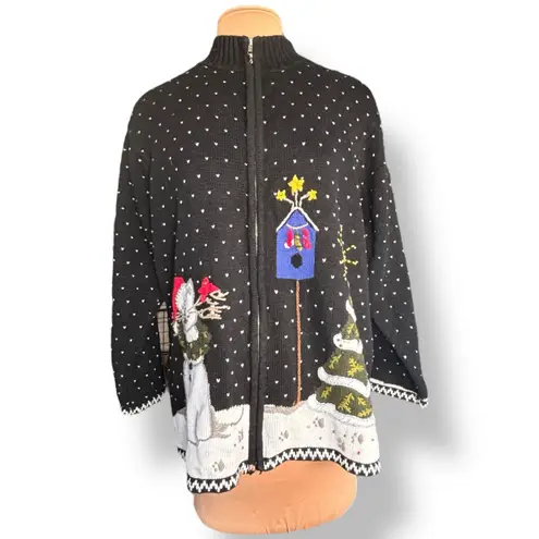 Vintage 90s Quacker Factory Snow Cat Christmas Zip Cardigan Sweater Black 1X Size 2X