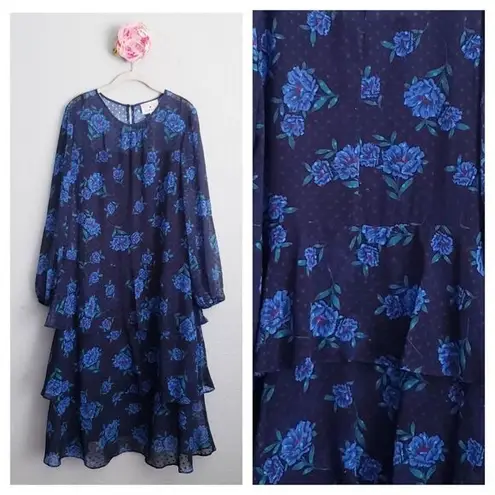 Draper James  X Eloquii Blue Floral Ruffle Tiered Long Sleeve Dress - Image 2