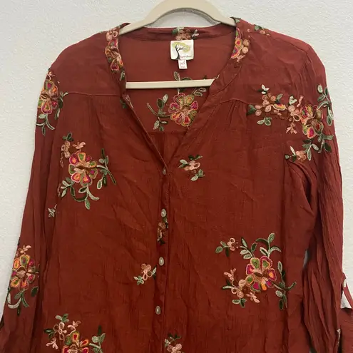 Anthropologie Fig & Flower Embroidered Button Down Blouse Orange Size Petite XL