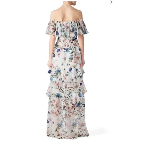 Badgley Mischka White Floral off the shoulder ruffle High Low Maxi Dress