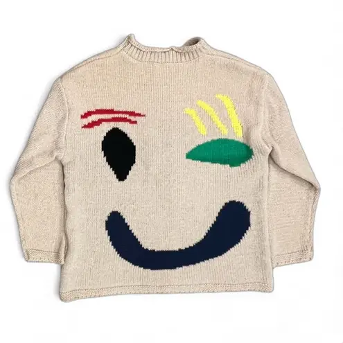 Smiley Wink Face Tan Oversized Sweater Size Medium