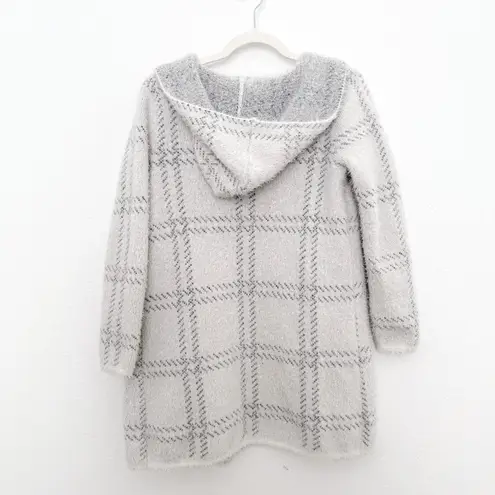Womens Cardigan Sweater Sz M Gray Plaid Open Front Fuzzy Hooded Cozy Soft Comfy Size M