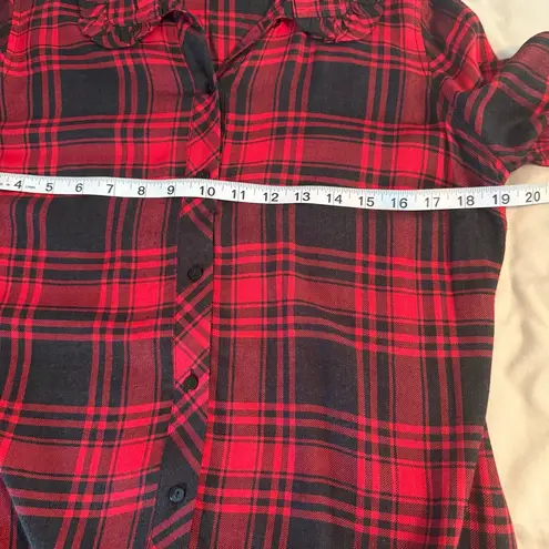 Soft Surroundings Bennington Red Black Plaid Ruffle Sleeve Shirt Dress Size S