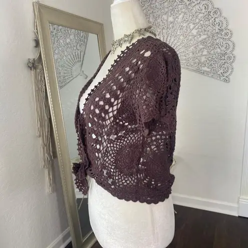 Carolyn Taylor Boho Cropped Crochet Dark Brown Short Front Tie Cardigan M Size M