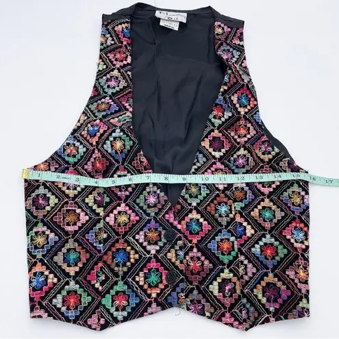 Vintage 80s 90s Try One Rainbow Embroidered Vest Diamond Print Size Medium Funky Black