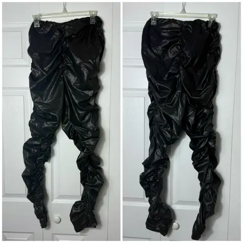 Pretty Little Thing  Black Faux Leather Coated Ruched Leggings Size 12 Large