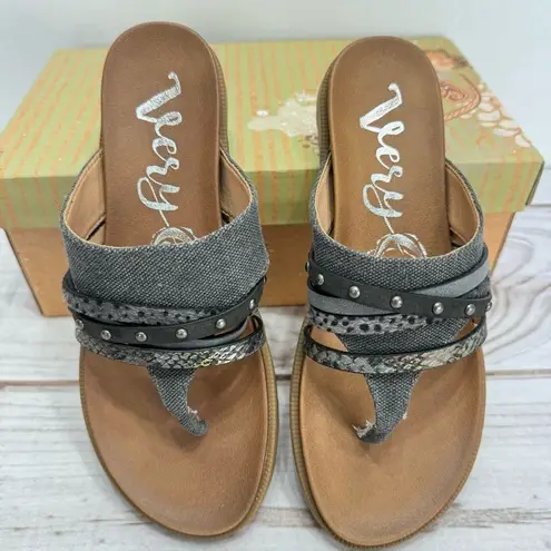 Very G NEW Rose 2 Gray Canvas Thong Flats Mixed Faux Leather Straps Beach Summer