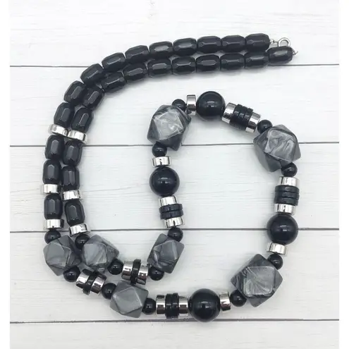 Trifari  Beaded Strand Necklace Black Gray Silver Tone Beaded MINT 28"