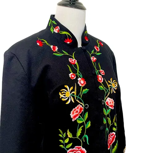 Victor Costa Vintage Floral Embroidered Mandarin Black Knee Length Jacket M Size M