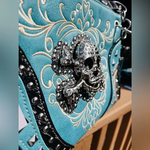 Turquoise Rhinestone Skull Concealed Carry Handbag Studded Leather Purse Blue