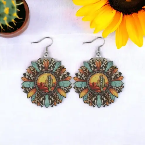 Sunflower shaped pendant drop‎ leopard pattern wooden hook earrings