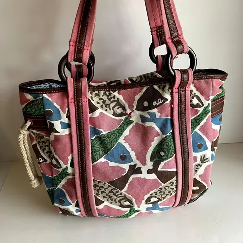 American Eagle AE Pink Brown Fish Abstract Print Cotton Canvas Medium Tote Bag