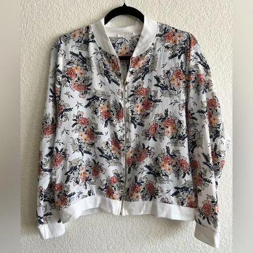 Floral Bomber Zip Up Lightweight Jacket XL White Stretchy Knit Casual Spring