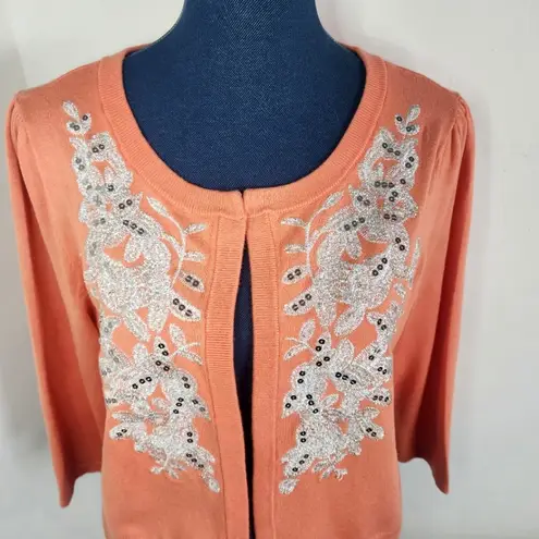 INC International Concepts Open Front Cardigan Sweater Silver Applique Orange Size L