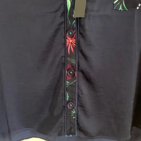 Room Service Floral Trim Button Pajama Top in Navy Blue