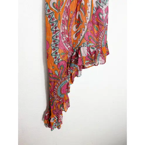 Sundress Amina Dress Size Large Fuchsia orange Print Halter Neck Asymmetric Hem