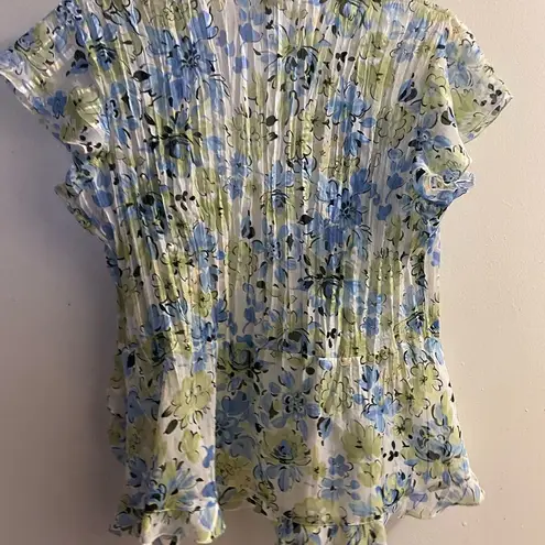 kim rogers Womens Sheer Tie Cover Up Blouse M Floral Ruffled Neck Blue White