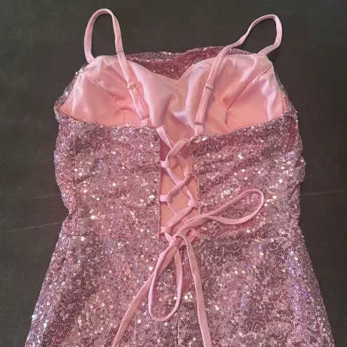 Women’s Pink Sequined Short Homecoming Party Dress Ruffle Hem CorsetBack Size 4