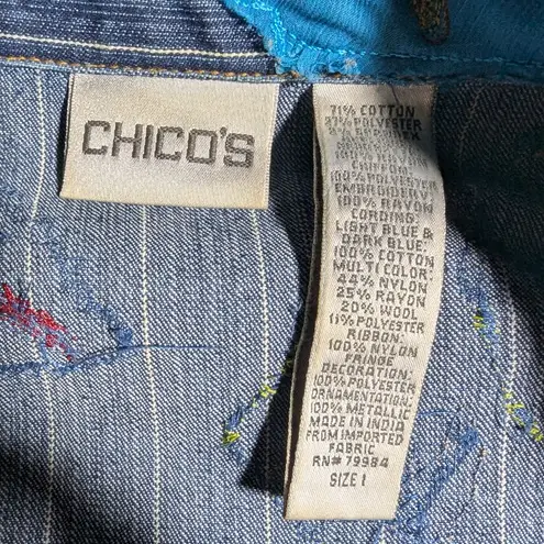 Vtg 1990s Chico's Blue Floral Applique Pinstripe Denim Open Front Jacket 1 M Size M