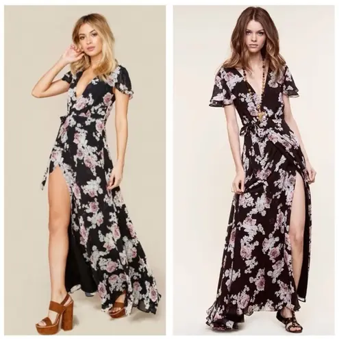 The Jetset Diaries Rosa Black Floral Chiffon Wrap Lace Up Maxi Dress Medium