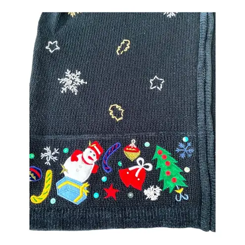 Keren Hart Vintage Embroidered Christmas Zip Up Black Cardigan, Size Large Black