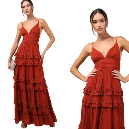 Lulus Lavish Perfection Rust Orange Ruffled Tiered Maxi Dress size Small NWT