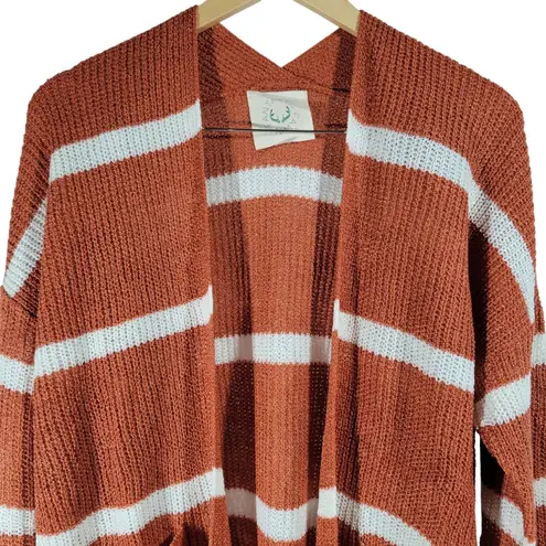 Fantastic Fawn Rust & Ivory Stripe Open Front Duster Knit Cardigan S NIB