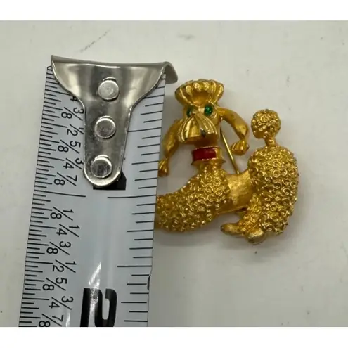 Vintage Gold Tone Poodle Dog Brooch Pin Green Eyes Red Collar Signed CJ