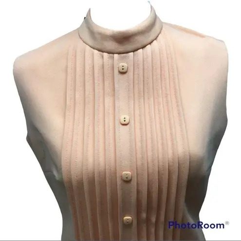 Vintage Mod Peach sleeveless mock turtleneck pleated sheath wiggle dress Orange