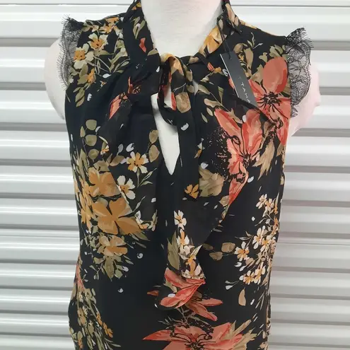 T Tahari  Top Womens Small Black Floral Burst Print Sleeveless Tie Neck Blouse