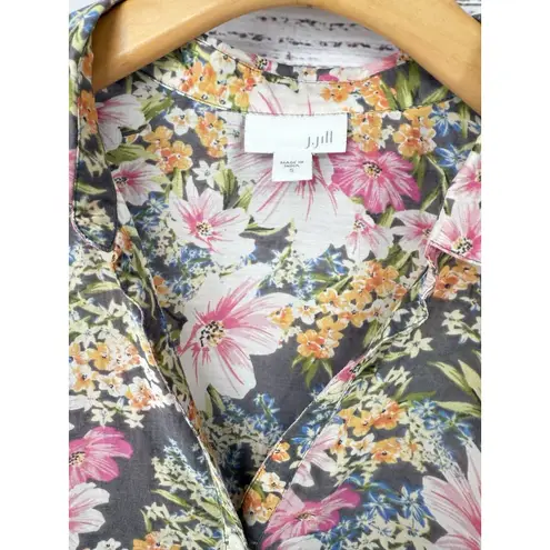 J. JILL Button Up Blouse Top Floral Silk Blend Gray Pink L/S Size S