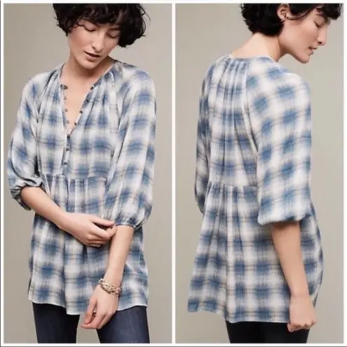 Maeve Anthropologie Cavalon Plaid Peplum Tunic Top Blue Size XSmall
