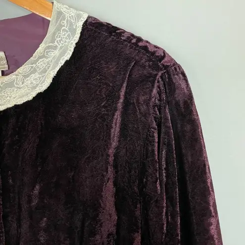 Coldwater Creek Velvet Jacket Lace Collar Purple Women Button Up Victorian Size Large Delicate