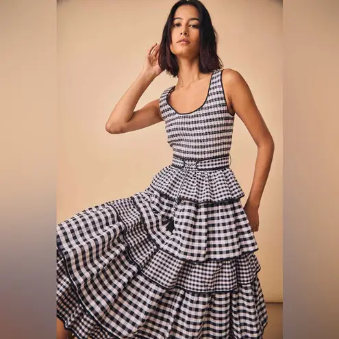 Hunter Bell Andrea Dress Black White Gingham Tiered Midi Size 4